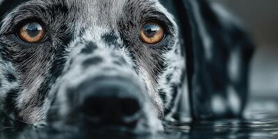 Dog with striking eyes peering through water on a calm day, showcasing an intense moment of observation photo
