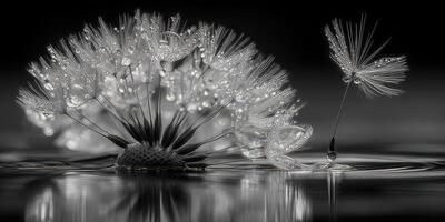 Dandelion seeds drift gently on a calm water surface, creating a serene and delicate monochrome composition photo
