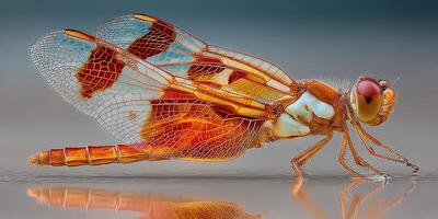 Detailed view of a dragonfly showcasing vibrant colors and intricate wing patterns photo