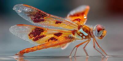 Stunning close-up of an orange dragonfly perched on a surface with water droplets in a natural setting during daylight photo