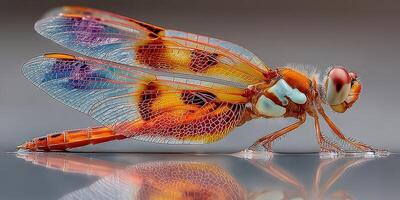 Close-up of a colorful dragonfly resting on a smooth surface, showcasing intricate wing patterns and vibrant colors in natural light photo