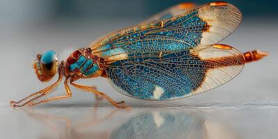Detailed close-up of a vibrant blue dragonfly perched on a smooth surface in natural light during the day photo
