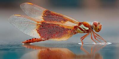 Beautiful dragonfly perched on a reflective surface near water on a calm summer day in nature photo