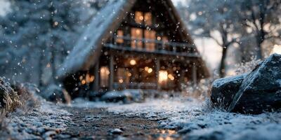 Snowy evening at a cozy cabin surrounded by tall trees and sparkling snowflakes in a tranquil landscape photo