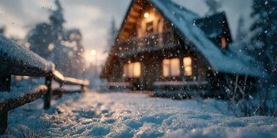 Snowfall gently covers a cozy cabin during twilight in a serene winter landscape near a forest photo