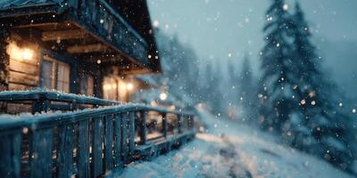 Snowfall blankets a cozy cabin nestled in the forest during a winter evening photo