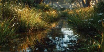 Flowing water reflects sunlight through lush greenery in a tranquil forest setting during late afternoon photo