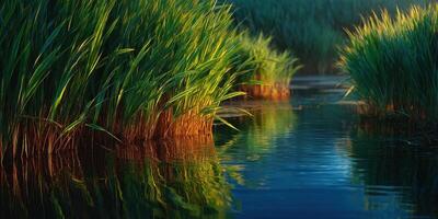 Serenity in a tranquil wetland at dawn with vibrant reflections and lush vegetation photo