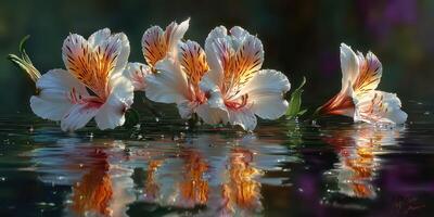 Flowers floating on calm water creating a serene reflection in a natural setting during daylight hours photo
