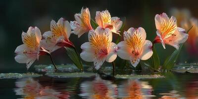Colorful flowers bloom gracefully on the surface of a tranquil pond at dawn, reflecting their beauty in the water photo
