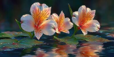 Beautiful lilies bloom on calm water in a tranquil setting during the golden hour near a serene garden photo