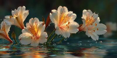 Beautiful white flowers with yellow accents floating on serene water in a tranquil garden setting during early morning light photo