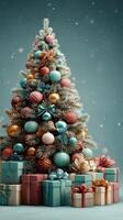 Festive Christmas tree adorned with colorful ornaments and wrapped gifts ready for celebration photo