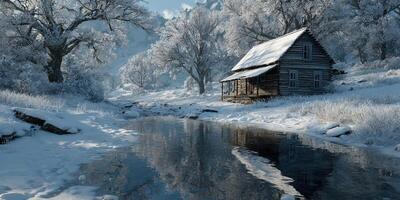 Winter landscape features a quaint cabin by a stream surrounded by snow-covered trees at dawn photo