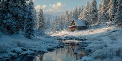 Cozy log cabin by a frozen stream in a snowy landscape during a winter afternoon photo