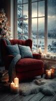 Cozy winter retreat with red armchair and candles by snowy window during evening hours photo