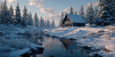 Snow-covered cabin by a serene river in a tranquil winter landscape at sunrise photo