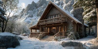 Snow-covered wooden cabin nestled in a mountainous landscape during winter sunlight hours photo