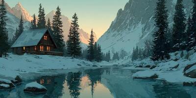 Cozy cabin illuminated by warm lights next to a tranquil river at dusk in a snowy mountain landscape photo