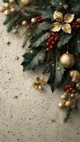 Elegant gold and red Christmas decorations on a textured surface with holly and ornaments for festive ambiance photo
