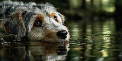 Dog resting peacefully by a calm stream in a serene forest setting during the afternoon light photo