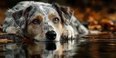 Dog relaxing by a serene water body surrounded by autumn leaves in a peaceful outdoor setting photo