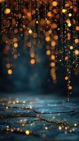 Beautiful golden bokeh lights create a magical atmosphere in a darkened space during evening hours photo