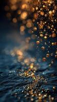 Sparkling golden droplets create an enchanting display on a dark surface during a whimsical evening photo