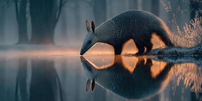 A nocturnal creature explores the tranquil waters at twilight in a serene natural landscape photo