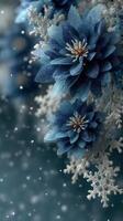 Blue flowers with white snowflakes create a serene winter atmosphere in a close-up arrangement photo