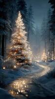 Softly glowing snow-covered path lined with illuminated trees in a serene winter forest at dusk photo