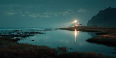 Lighthouse shining brightly at dusk along tranquil shoreline with mountain backdrop photo