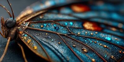 Close-up of a blue butterfly showcasing intricate wing patterns and raindrops on a textured surface in natural light photo
