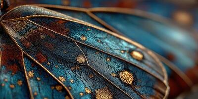 Intricate details of a butterfly wing showcasing blue hues and shimmering textures in natural light photo