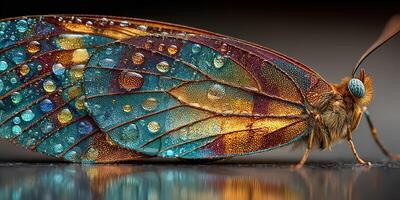 Butterfly wing with intricate patterns and water droplets captured in high detail showcasing vibrant colors photo