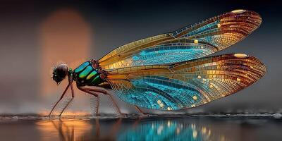 Vibrant dragonfly with iridescent wings exploring a reflective surface at dusk photo