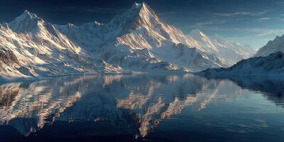 Snow-capped mountains reflect in calm lake under clear blue sky during early morning light photo