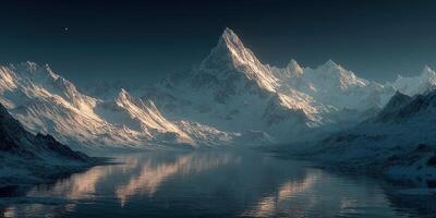 Majestic mountain landscape reflecting in tranquil lake during twilight hours in a serene wilderness setting photo
