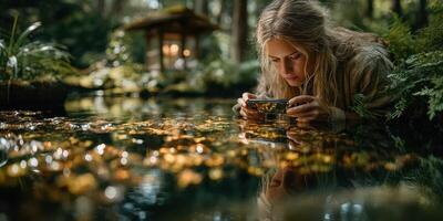 Woman gazes intently at water surface while kneeling by tranquil forest pond adorned with golden leaves photo