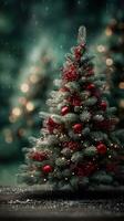 Festive Christmas tree adorned with red ornaments and twinkling lights in a winter wonderland photo