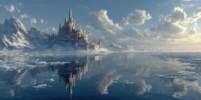 Majestic castle stands on icy shores with reflecting waters under a bright sky photo