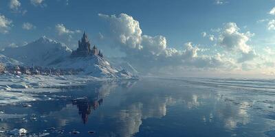 Majestic castle rises above a serene icy landscape at dawn with mountains in the background and a calm reflective lake in the foreground photo