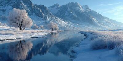 Snow-covered mountains and a calm river under a clear blue sky in a serene winter landscape photo