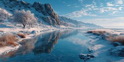 Snowy landscape featuring a serene river and frosted trees near rocky cliffs during winter photo