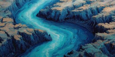 Majestic river winding through deep canyons in a stunning landscape at dusk photo