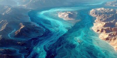 Winding river flows through rugged mountains with vibrant blue waters during golden hour photo
