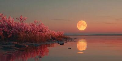 Moonlit reflection on a serene lake surrounded by blooming cherry blossoms at dusk photo