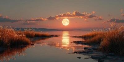 Sunset over calm waters with tall grass along the shore photo