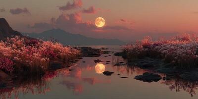 Sunset over tranquil lake with blooming flowers and full moon reflecting on water surface photo