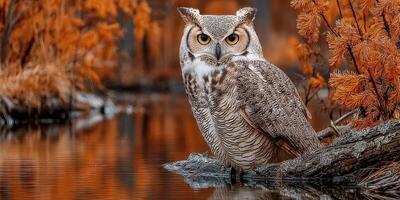 Majestic owl perched by tranquil water surrounded by vibrant autumn foliage in serene setting photo